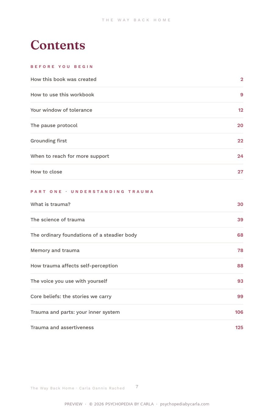 Page 7 of the workbook: Contents